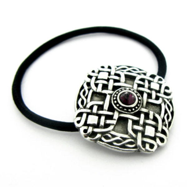 Celtic Woven Cross Hair Bobbin with Red CZ in Pewter