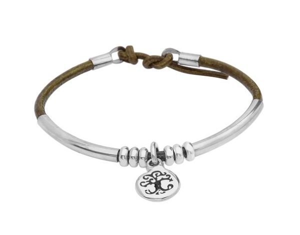 Silver & Leather Wristband with Tree of Life Design